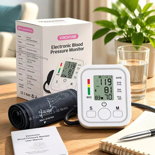 Upper Arm Blood Pressure Monitor Automatic Digital Heart Rate Pulse Meter Sphygmomanometer Tonometer with Large LCD Display Adjustable Cuff 22-42cm Dual Users Home Health Care Devices Support Type-C USB/AAA Battery Powered Sm