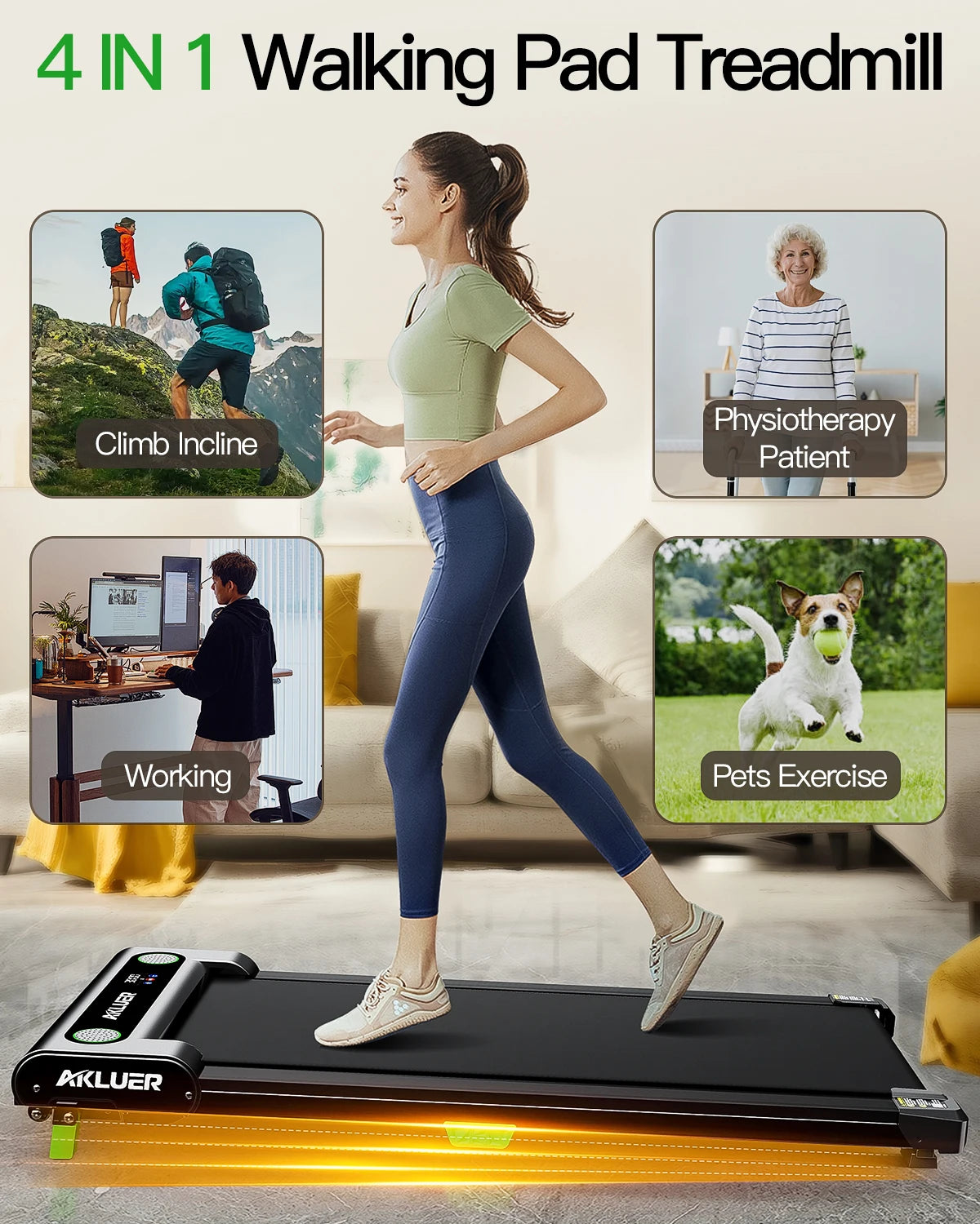 Akluer Walking Pad Treadmill Under Desk Treadmill, 2.5HP Compact Portable Treadmill with 5% Incline, Remote Control, LED Display, 330 LBS Capacity for Home Office Walking