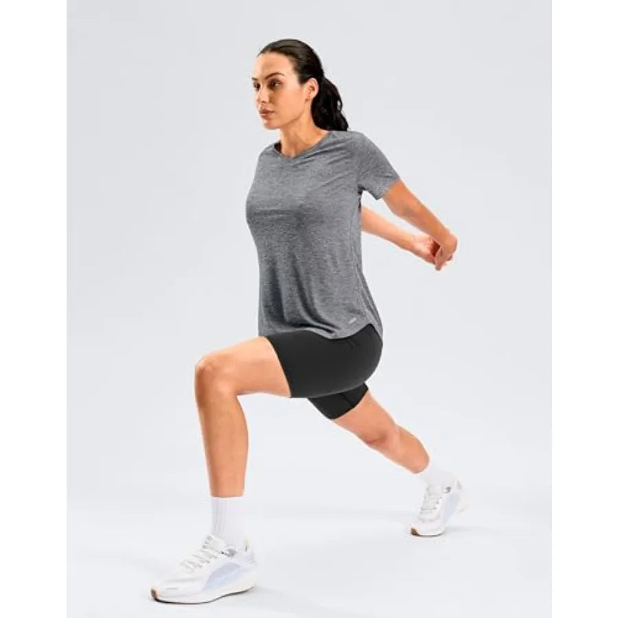 Womens Workout Tops Full Back Coverage Athletic Shirt UPF 50+ Quick Dry Short Sleeve T Shirts V Neck Gym Yoga Tunic
