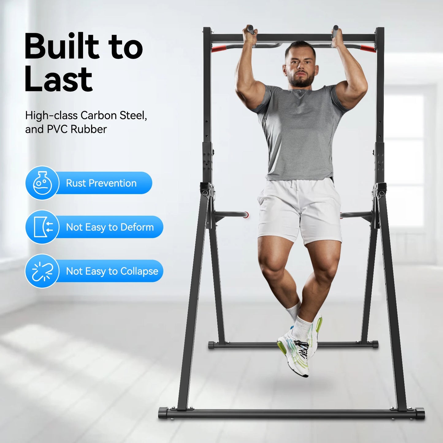 Adjustable Pull Up Bar, 200kg Load Foldable Home Gym Multi-Function Training Station with Parallel Bars for Strength Training