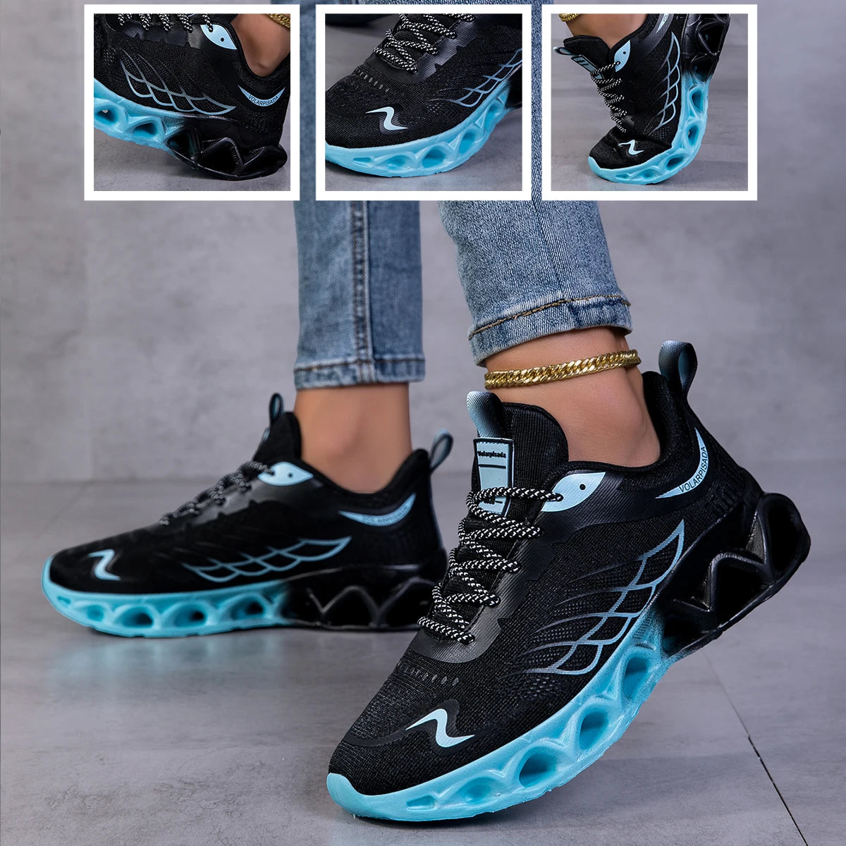 Women Gradient Mesh Running Sneakers, Breathable Hollow Shock Absorbing Blade Sole Athletic Shoes, Lightweight Fashion Non Slip Walking Sports Trainers