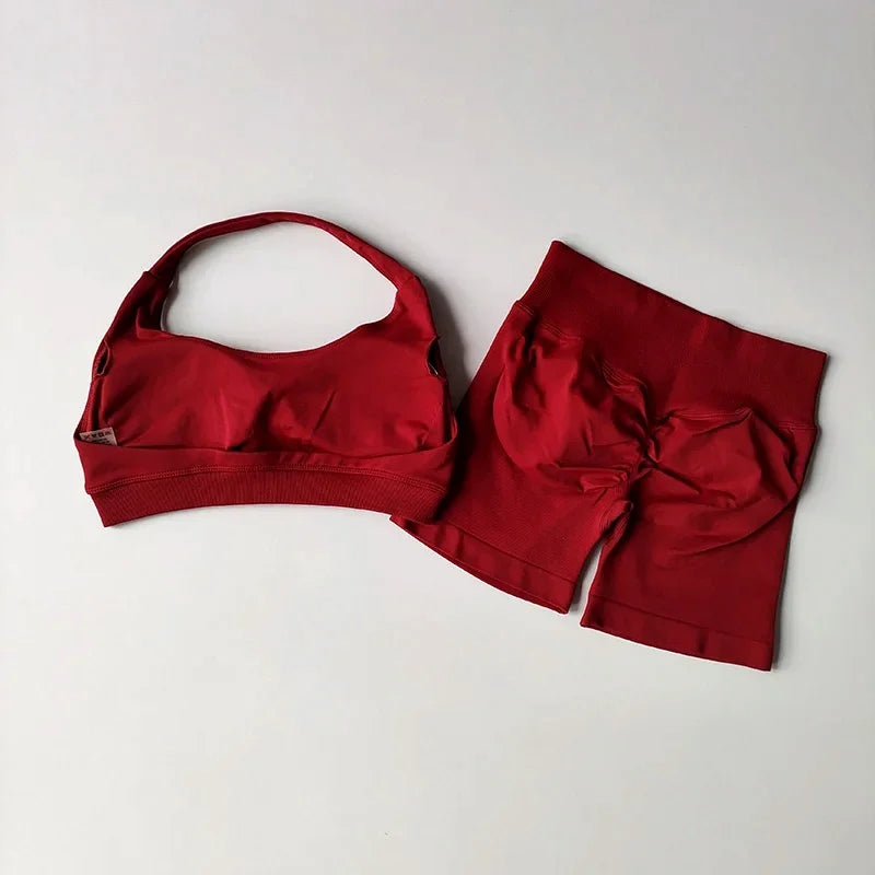 2 Pieces Yoga Suit for Women Seamless Fitness Gym Clothes Halter Sports Bra Matching Impact Shorts Workout Sets Gym Set Outfit