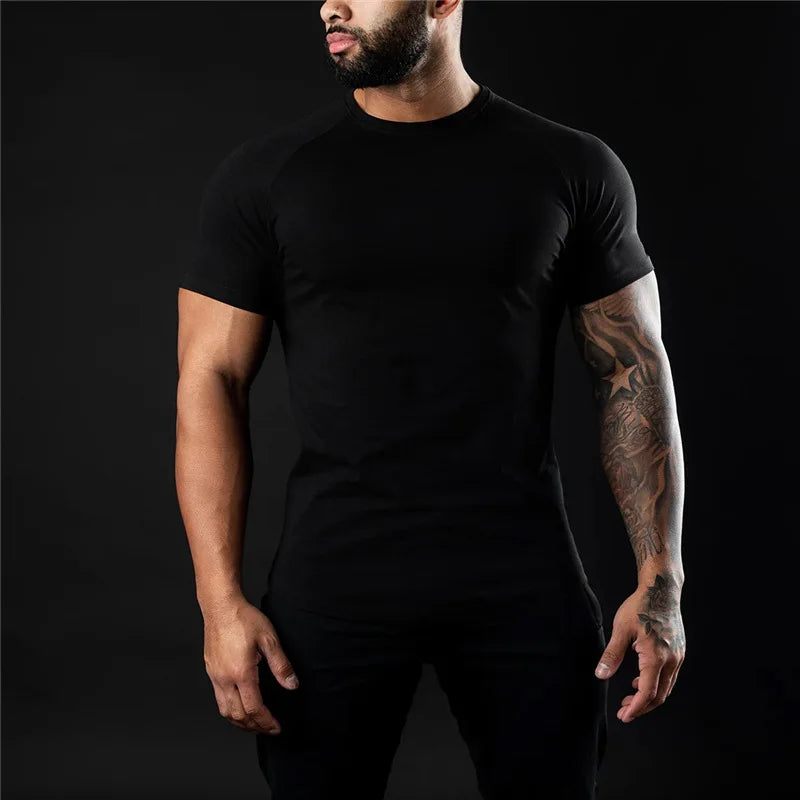 Plain Gym T-shirt Men Summer Fitness Clothing O-Neck Short Sleeve T Shirt Cotton Slim Fit Tshirt Bodybuilding Workout Tees Tops
