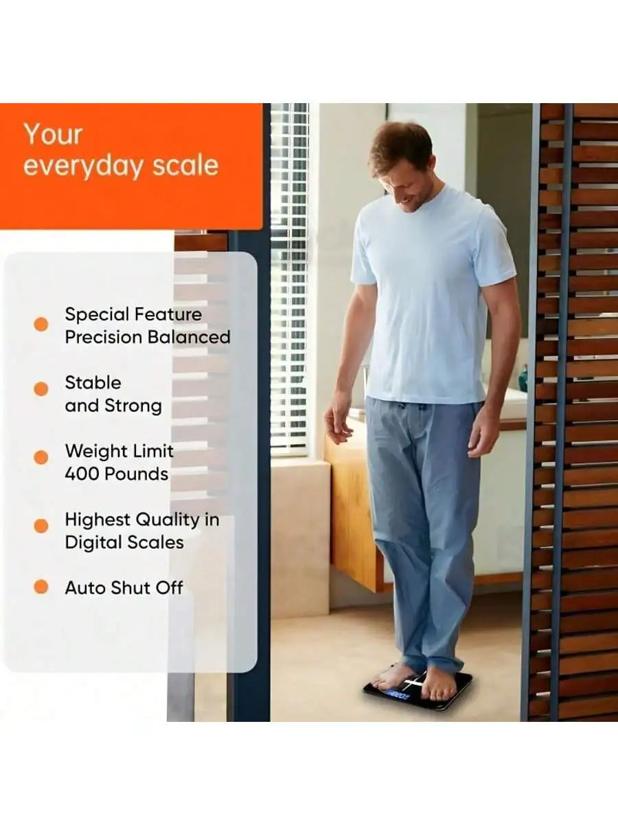 Smart Multi-Function Body Fat & Weight Bathroom Scale with Tempered Glass Wide Platform, 390lbs. For Home, Fitness, Outdoor.