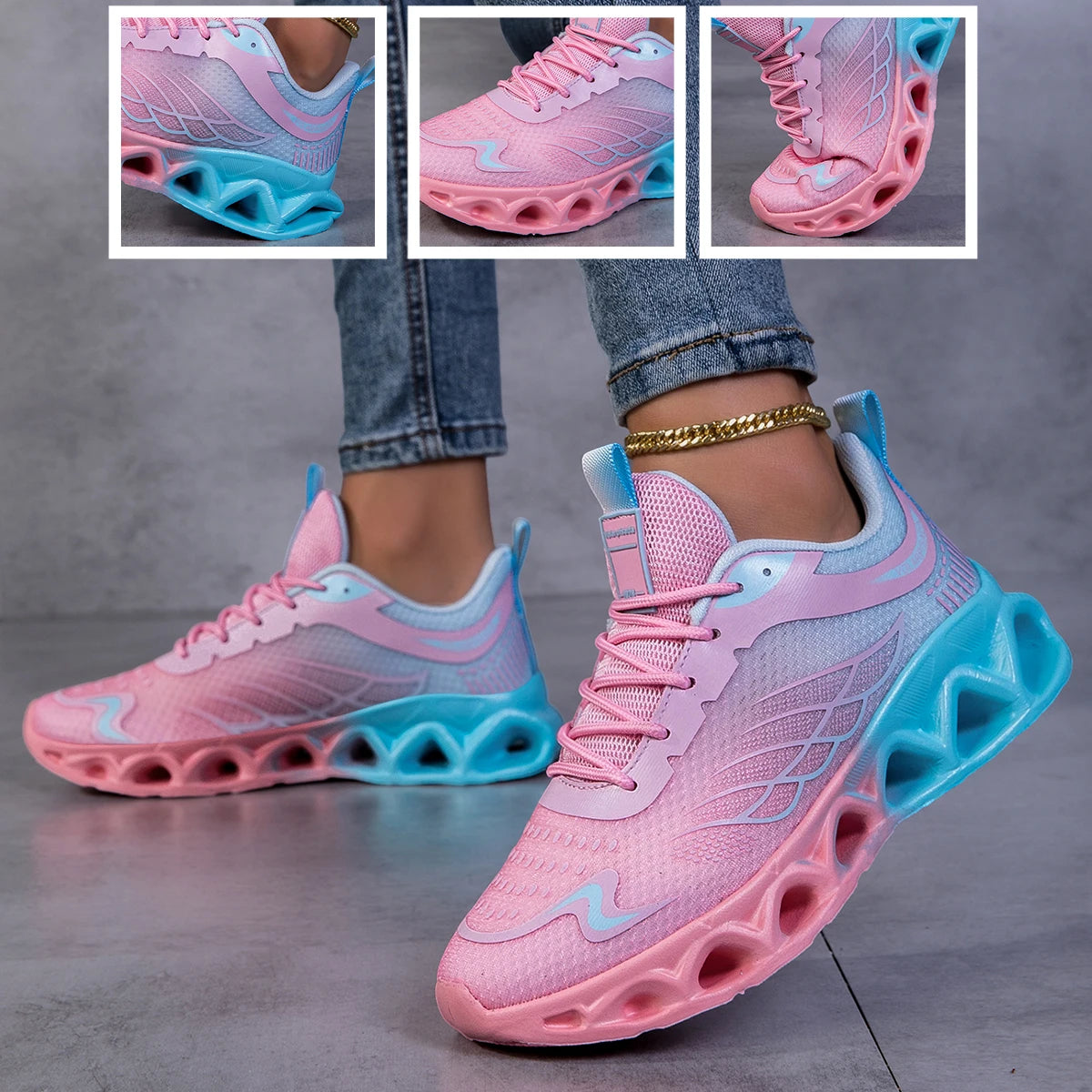 Women Gradient Mesh Running Sneakers, Breathable Hollow Shock Absorbing Blade Sole Athletic Shoes, Lightweight Fashion Non Slip Walking Sports Trainers