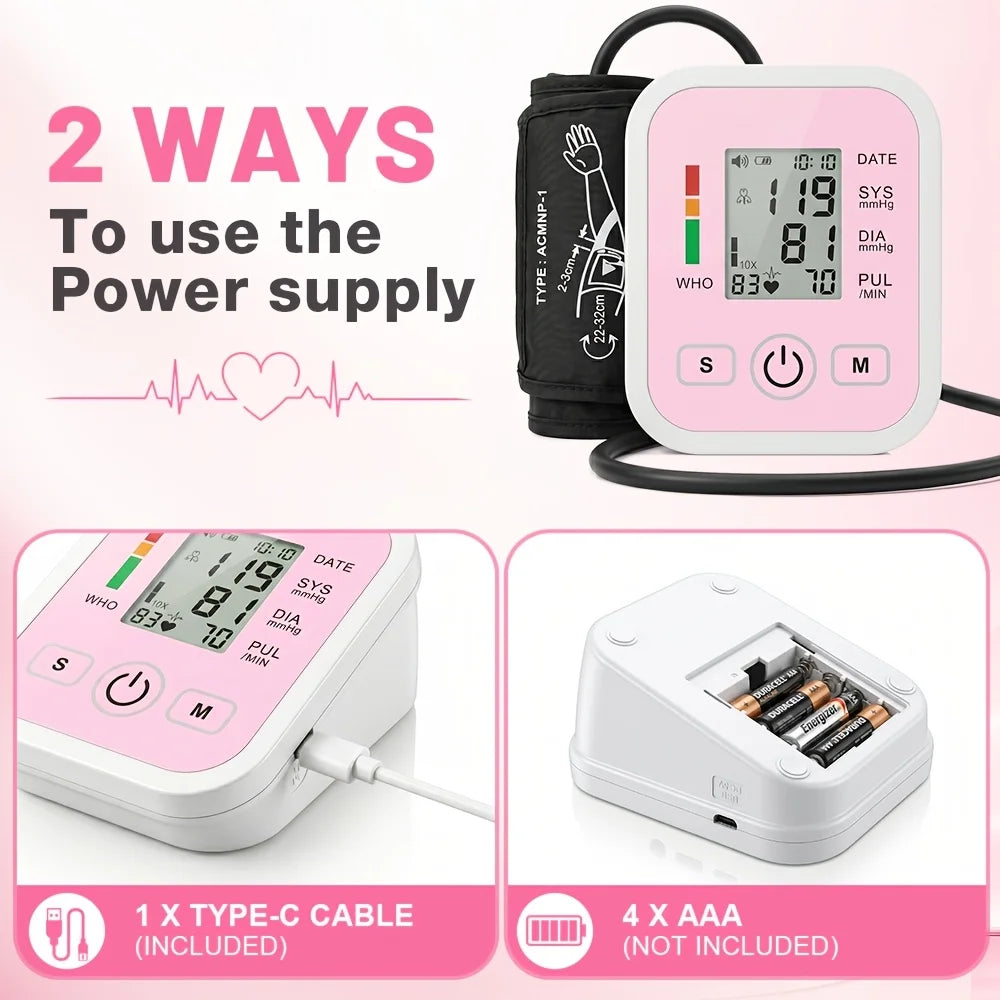 Upper Arm Blood Pressure Monitor Automatic Digital Heart Rate Pulse Meter Sphygmomanometer Tonometer with Large LCD Display Adjustable Cuff 22-42cm Dual Users Home Health Care Devices Support Type-C USB/AAA Battery Powered Sm