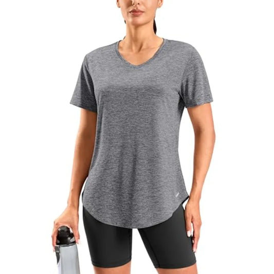 Womens Workout Tops Full Back Coverage Athletic Shirt UPF 50+ Quick Dry Short Sleeve T Shirts V Neck Gym Yoga Tunic