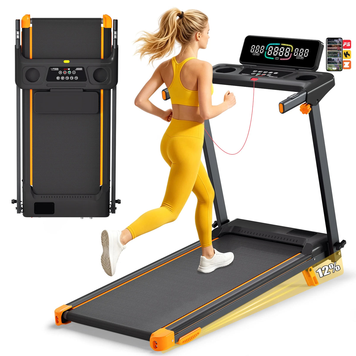Quiet 3-in-1 Foldable Walking Pad Treadmill with 12% Incline for Home, 12 Preprogrammed HIIT Modes, Supports up to 300 LBS, Smart Treadmill Built with LED Display, Heart Rate Sensor, Bluetooth Speaker & App Connection