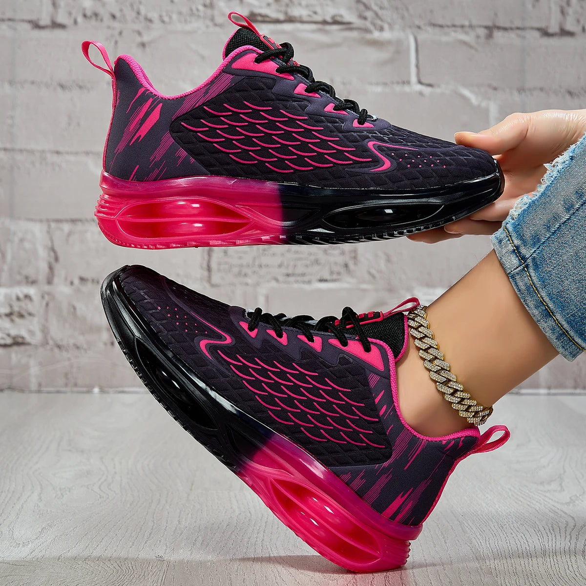 Women Gradient Scale Pattern Air Cushion Sneakers Breathable Flying Weave Mesh Shock Absorb Non Slip Lace Up Running Shoes Fashion Outdoor Gym Jogging Daily Casual Sports Footwear 2026 New