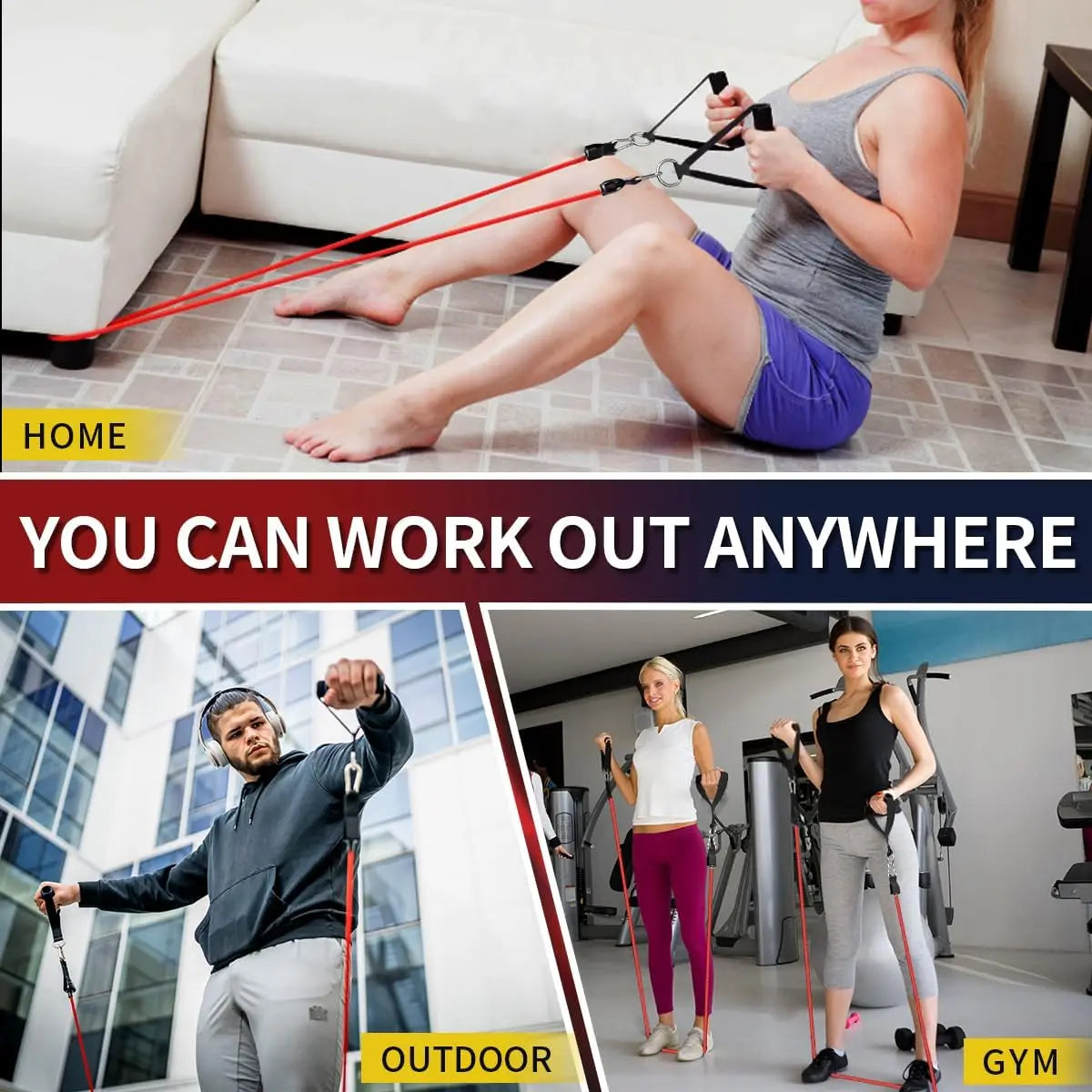 WHATAFIT Resistance Bands, Exercise Bands, Workout Bands with Handles, Door Anchor and Ankle Straps, 5 Resistance Levels Fitness Bands for Strength Training, Physical Therapy, and Home Gym Equipment