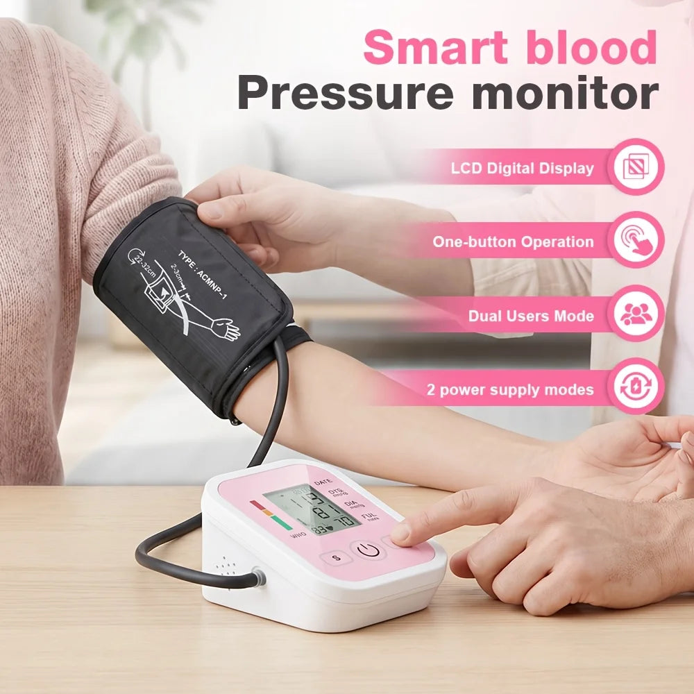 Upper Arm Blood Pressure Monitor Automatic Digital Heart Rate Pulse Meter Sphygmomanometer Tonometer with Large LCD Display Adjustable Cuff 22-42cm Dual Users Home Health Care Devices Support Type-C USB/AAA Battery Powered Sm