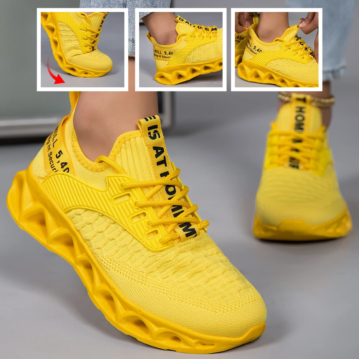 Women Blade Sole Running Sneakers Letter Print Knit Breathable Lightweight Non Slip Fashion Walking Gym Athletic Sport Shoes