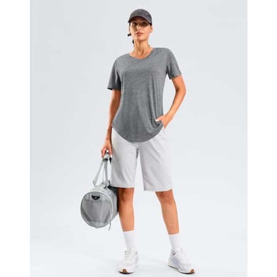 Womens Workout Tops Full Back Coverage Athletic Shirt UPF 50+ Quick Dry Short Sleeve T Shirts V Neck Gym Yoga Tunic