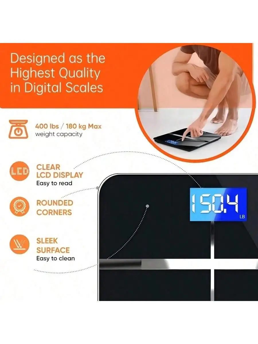Smart Multi-Function Body Fat & Weight Bathroom Scale with Tempered Glass Wide Platform, 390lbs. For Home, Fitness, Outdoor.