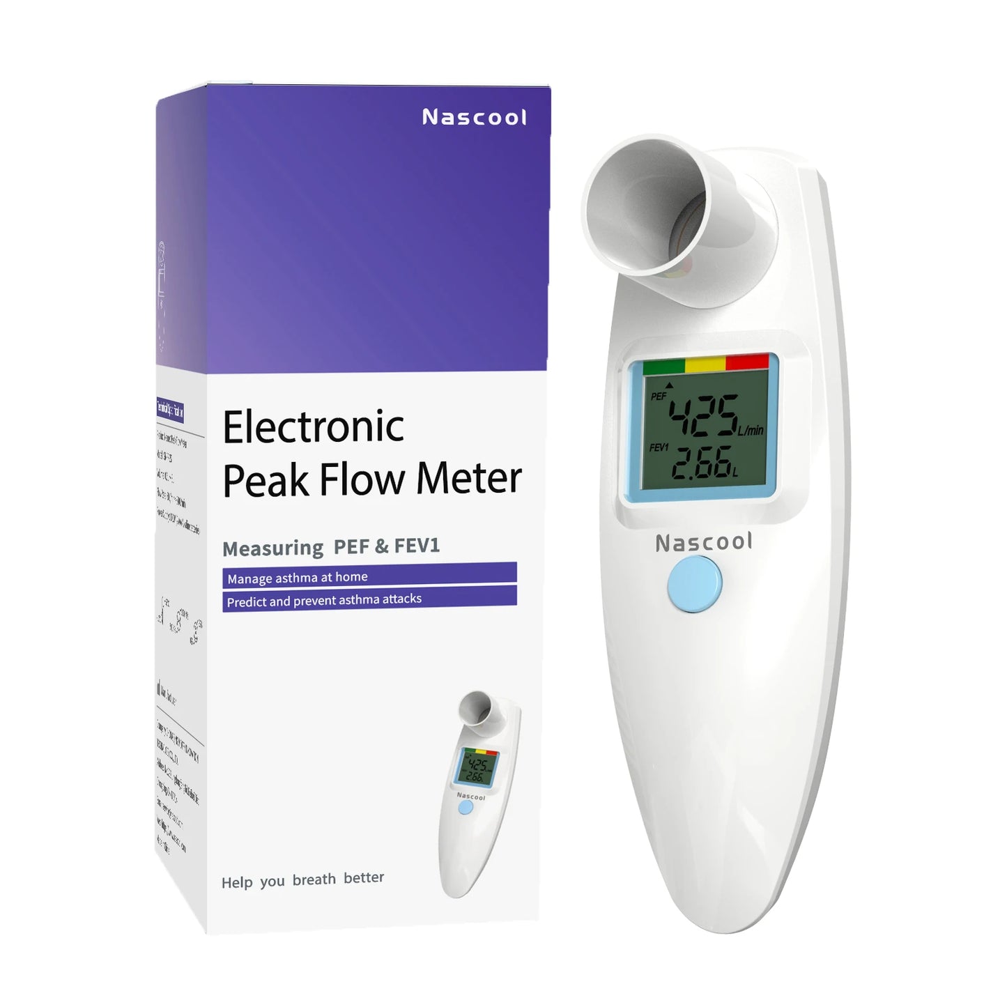 Nascool Digital Peak Flow Meter for Asthma COPD, Spirometer for PEF & FEV1 Test