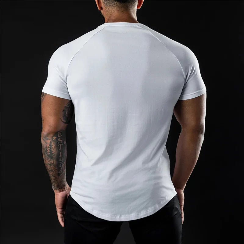 Plain Gym T-shirt Men Summer Fitness Clothing O-Neck Short Sleeve T Shirt Cotton Slim Fit Tshirt Bodybuilding Workout Tees Tops