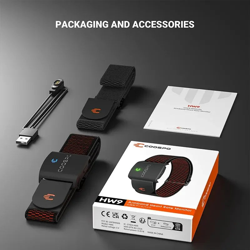 COOSPO HW9 HRM Sensor Armband Heart Rate Monitor with HR Zones/Calories for Fitness Running BLE5.0 ANT+ for Peloton,Zwift,Wahoo