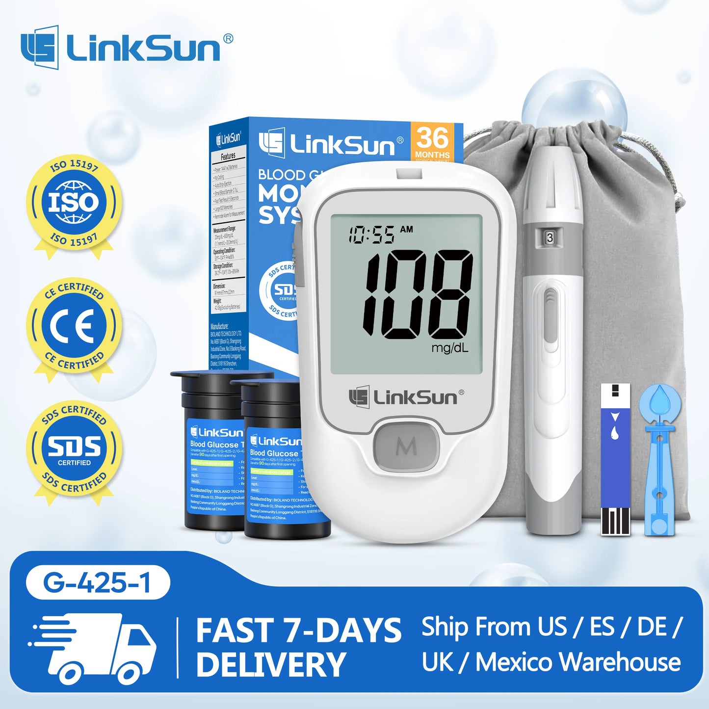 Blood Glucose Monitor G-425-1 50 Strips High-Precision+ Brightness 1 Blood Sugar Monitor 1 Lancing Device Diabetes Testing Kit