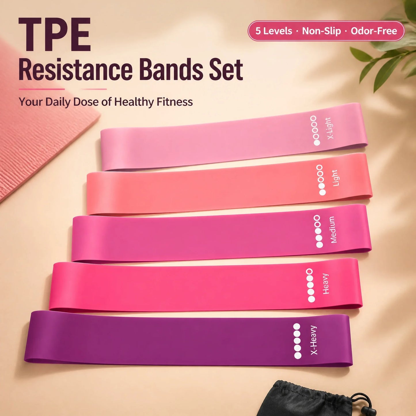 TPE Resistance Bands Set – 5 Levels Non-Slip Booty Exercise Bands for Hip, Legs & Glutes – Home Workout Yoga Fitness Strength Training Equipment