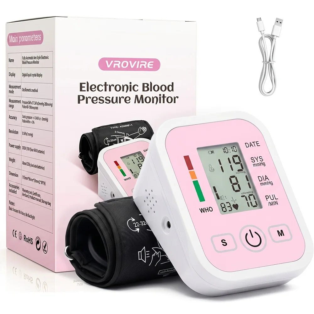 Blood Pressure Monitor Upper Arm Smart Automatic Sphygmomanometer Heart Rate Pulse Meter Digital LCD Large Screen Tensiometro Arterial VROVIRE Electronic Blood Pressure Machine Type-C Dual Users 22-42cm Large Cuff Medical Hea
