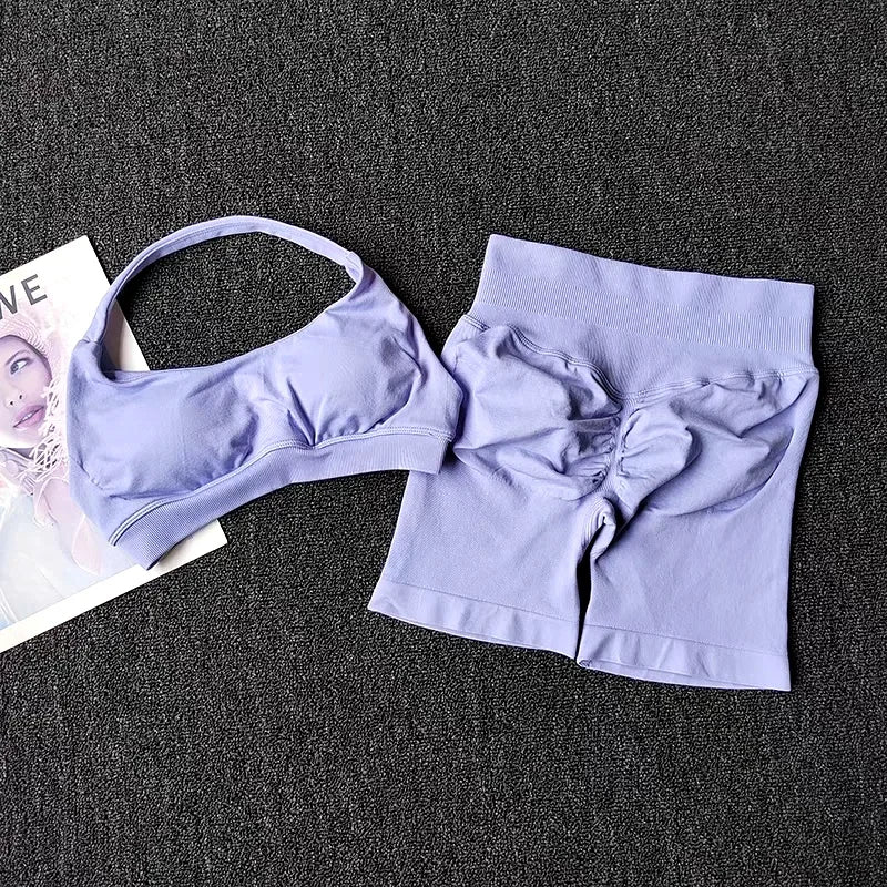 2 Pieces Yoga Suit for Women Seamless Fitness Gym Clothes Halter Sports Bra Matching Impact Shorts Workout Sets Gym Set Outfit