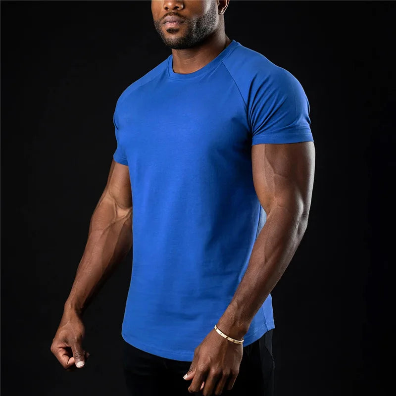 Plain Gym T-shirt Men Summer Fitness Clothing O-Neck Short Sleeve T Shirt Cotton Slim Fit Tshirt Bodybuilding Workout Tees Tops