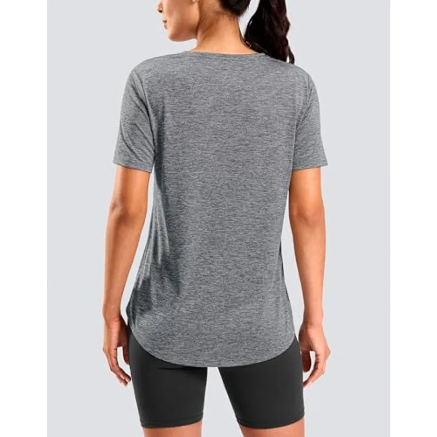 Womens Workout Tops Full Back Coverage Athletic Shirt UPF 50+ Quick Dry Short Sleeve T Shirts V Neck Gym Yoga Tunic